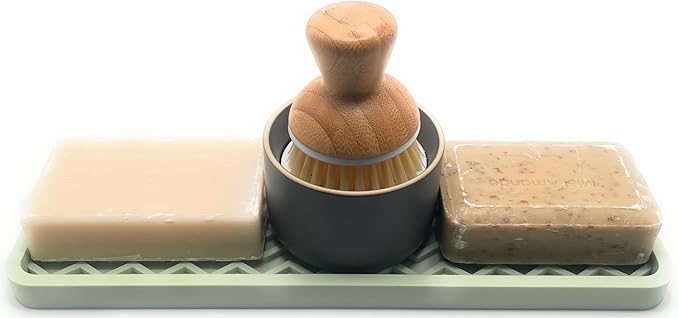 Happitasa Silicone Kitchen Sink Organizer Tray, Sponge Holder and Countertop Protector | Bathroom and Kitchen Soap Dish and Dispenser Tray (Pistachio, 12" x 4", 9.2 Ounces, Zigzag)