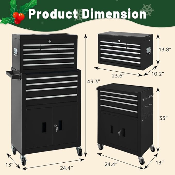 13-Drawer Rolling Tool Chest with Double Doors, 2 in 1 Detachable Rolling Tool Chest with Drawers, Mobile Tool Cabinet Combo, Metal Large Lockable Tool Box for Garage Workshop (Black)