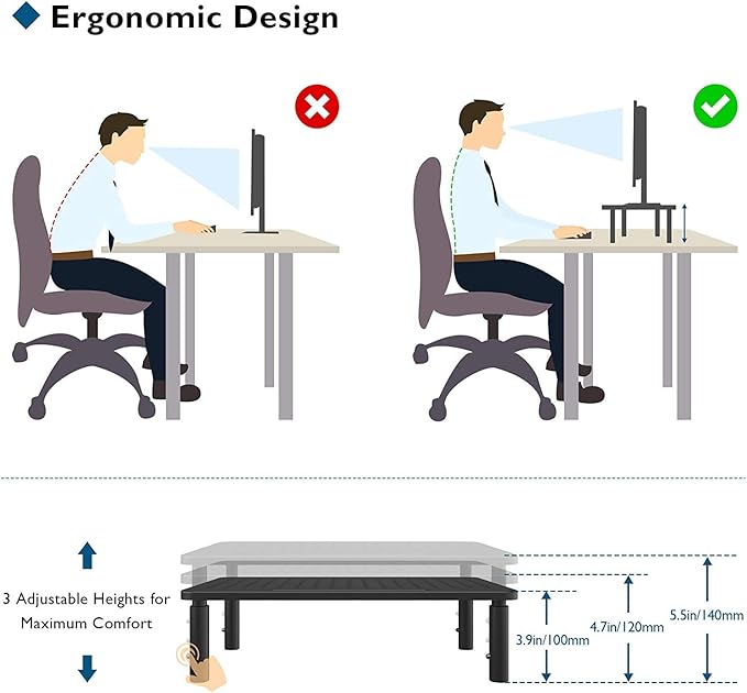 BONTEC 2 Pack 3 Height Adjustable Monitor Stand Riser with Pen Holder, Ergonomic Metal Laptop Stand with Cable Management, Desktop Stand for Computer, Printer, Monitor, Laptop (Black, 14.5” x 9.1”)
