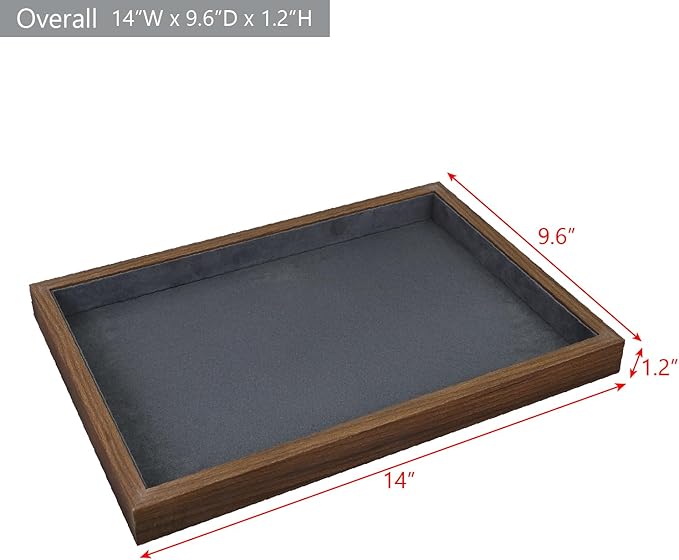 MOOCA 2 Pcs Wooden Jewelry Display Tray, Presentation Tray, Organizer for Rings, Necklaces, Earrings, and Accessories, Walnut Color with Grey Suede, 14" W x 9.6" D x 1.2" H