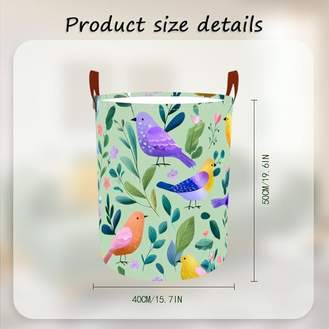 Laundry Baskets 15.7x19.7 Inch Large Colorful Birds Leaves Floral Design Collapsible Laundry Hamper with Handles Oxford Fabric Clothes Storage Bin Foldable Dirty Clothes for Bedroom Bathroom Dorm