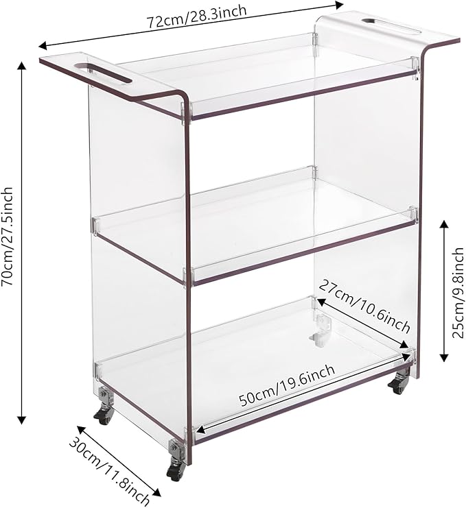 3-Tier Rolling Utility Cart with Wheels, 28×11.8×28.7In PC Rolling Serving Cart, Freestanding Trolley for Homes, Bars, Cafes
