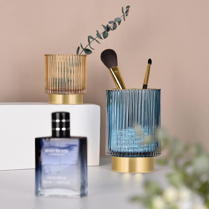 CANITORON Makeup Brush Holder,Glass Makeup Brush Holder Organizer Store Cosmetic Tools,Eyeliner,Storage Organizer for Vanity,Bathroom Countertop Organize and Bedroom Countertop Storage.(Amber L)