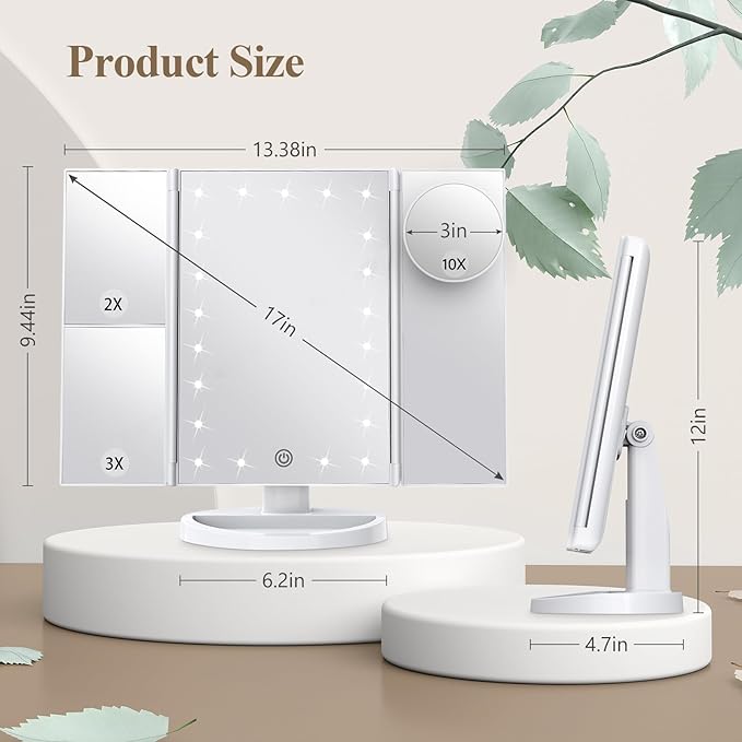 HUONUL Makeup Mirror Vanity with Lights, 2X 3X 10X Magnification, Touch Control, Trifold Mirror, Dual Power Supply, Gifts for Women, Wife, Mom, Teengirls(White)