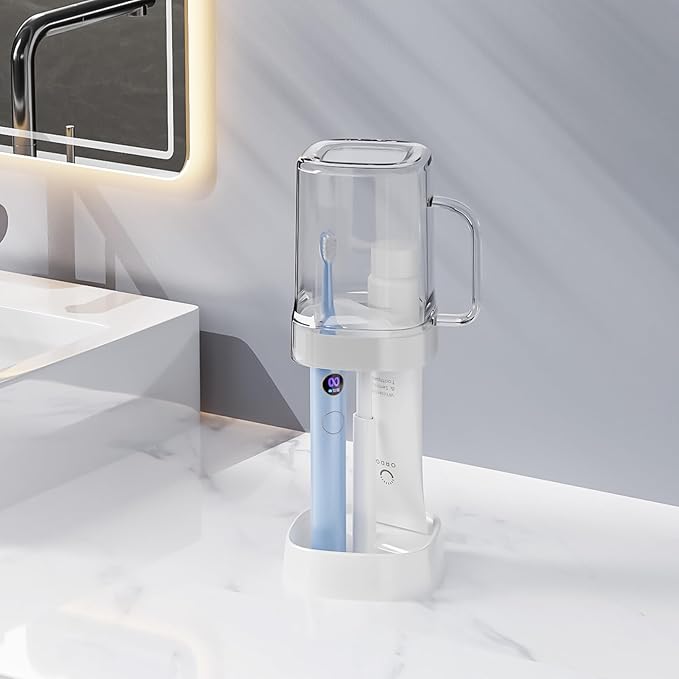 Toothbrush Holder with Cover/Cup, Bathroom Counter Organizer for Regular and Electric Toothbrushes and Toothpaste, Sleek Modern Bathroom Accessories, White