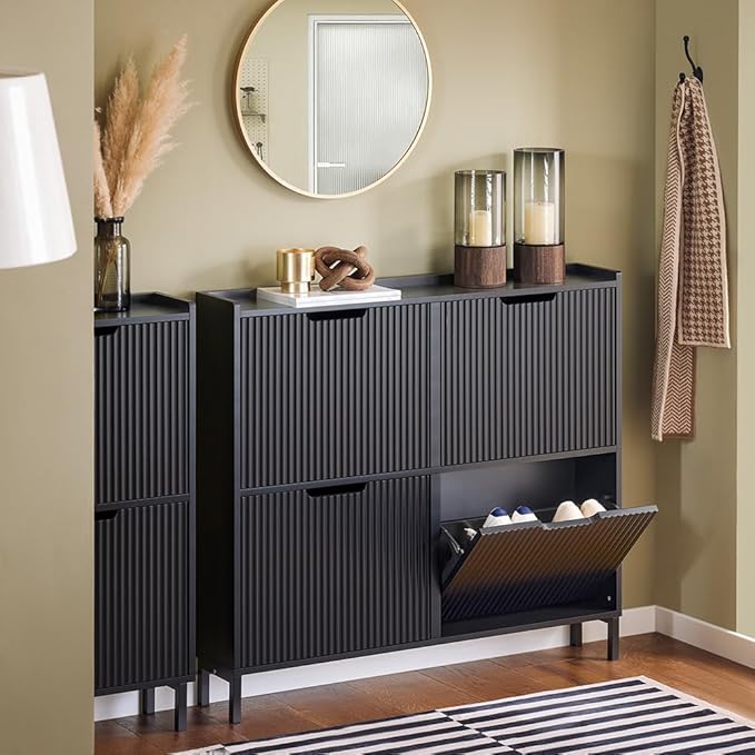 SoBuy Fluted Shoe Cabinet 4 Drawers, Narrow Shoe Storage Organizer for Entryway Black, Thin Free Standing Shoe Rack Porch Front Door, FSR177-L-SCH