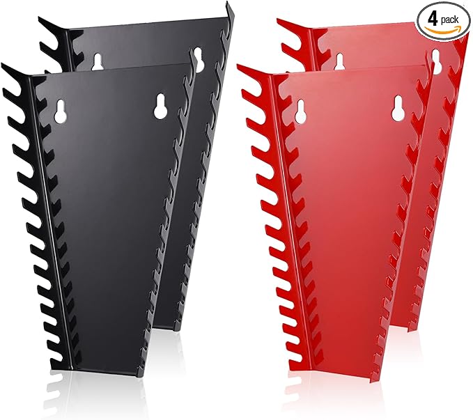 ALOANES 52-Slot Metal Wrench Organizer, Heavy Duty Hanging Wrench Organizer Tray for Tool Box&Wall, Fit SAE & Metric Wrench Storage, 4 Pack Wrench Holders (Red&Black)
