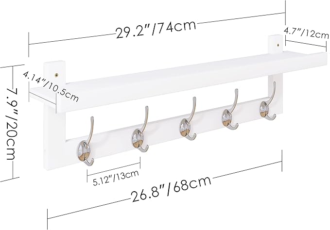 SMIBUY Coat Hooks with Shelf Wall-Mounted, 29.2 Inch Entryway Coat Rack for Wall, Bamboo Hanging Shelf with 5 Double Metal Hooks for Bathroom, Bedroom, Kitchen, Living Room, Mudroom (White)