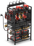 JUNNUJ Power Tool Organizer Floor Stand with Charging Station, Garage Adjustable Storage Rack Utility Tool Shelf with 8 Outlet 10 FT Power Strip, Heavy Duty Drill and Battery Holder