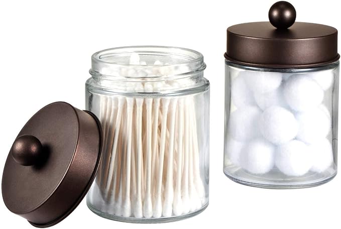 Amolliar 6Pc Apothecary Jars Bathroom Vanity Organizer- Rustic Farmhouse Decor Storage Canister with Stainless Steel Lids- Qtip Dispenser Holder for Q-Tips,Cotton Swabs,Rounds,Ball,Flossers (Bronze)