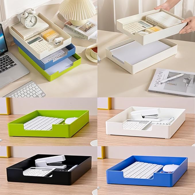 Letter-Size Tray, 2PCS Desk Drawer Organizer, A4 Stackable Plastic Paper Tray for Office, School, Home Storage and Holiday Party Organizer for Christmas Ornament Decorations (2X Black)