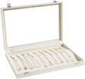 Wudygirl Necklace Organizer with Clear Glass Lid Stackable Jewelry Organizer Tray with 20 Hooks for Necklace Bracelet(Beige Necklace Box)