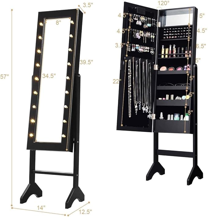 Giantex Standing Jewelry Armoire with 18 LED Lights Around the Door, Large Storage Mirrored Jewelry Cabinet with Full Length Mirror, 16 Lipstick Holders, 1 Inside Makeup Mirror (Black)