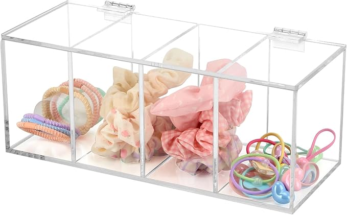 Hair Accessories Organizer for Girl, Acrylic Hair Tie Organizer Scrunchie Holder with Divider for Headband, Hair Clip, Cotton Swab, Cosmetic Cotton, Storage Box with Lid for Jewelry