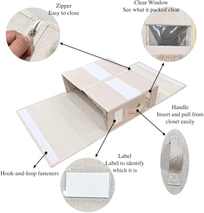 Linen Closet Organizers and Storage for Bedding Thin Blanket, Folding Sheet Storage Organizer with Visible Window (Beige)