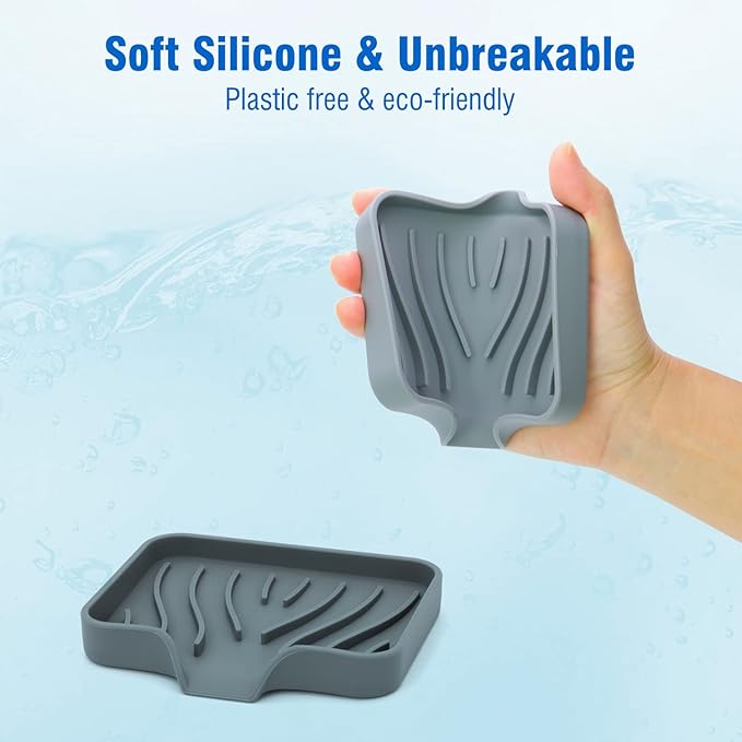 3-Pack Silicone Soap Dish Set – Bar Soap Holder with Self-Draining Design, Easy-Clean Tray for Shower, Bathroom, Kitchen, and Tub (Gray)