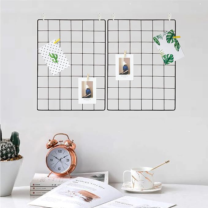 GBYAN Wall Grid 2 Pack Wire Photo Grid Panels Black Memo Board Wall Organizer (black)