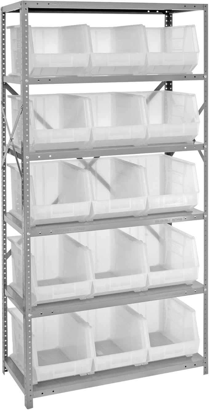 Quantum Storage Systems QSBU-260CL Giant Open Hopper Steel Shelving System, 18" D x 36" W x 75" H, with 6 Shelves and 15 QUS260 Bins, Clear
