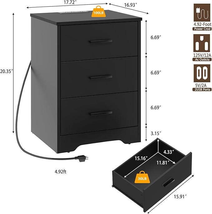 LIDYUK Dresser for Bedroom, Wood Dresser with 3 Drawers, Modern Minimalist Dressers & Chest of Drawers, 21 Inches Tall Side Table Nightstand with Charging Station, for Bedroom, Living Room, Black