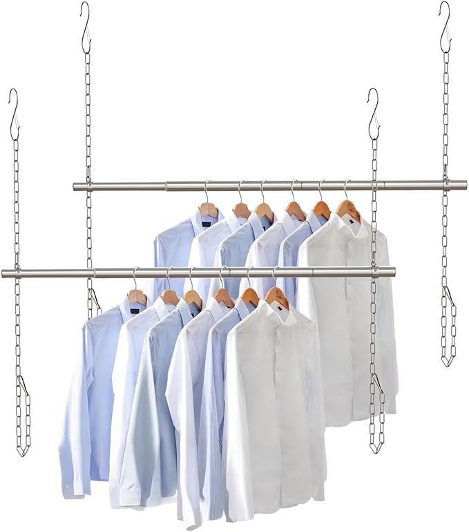 Hanging Closet Rod, Adjustable Width and Height Closet Rods Extender, 17-52inch Heavy-Duty Stainless Steel Bar, Space-Saving Closet Rod Hanging Clothes, 2Pack(Silver)
