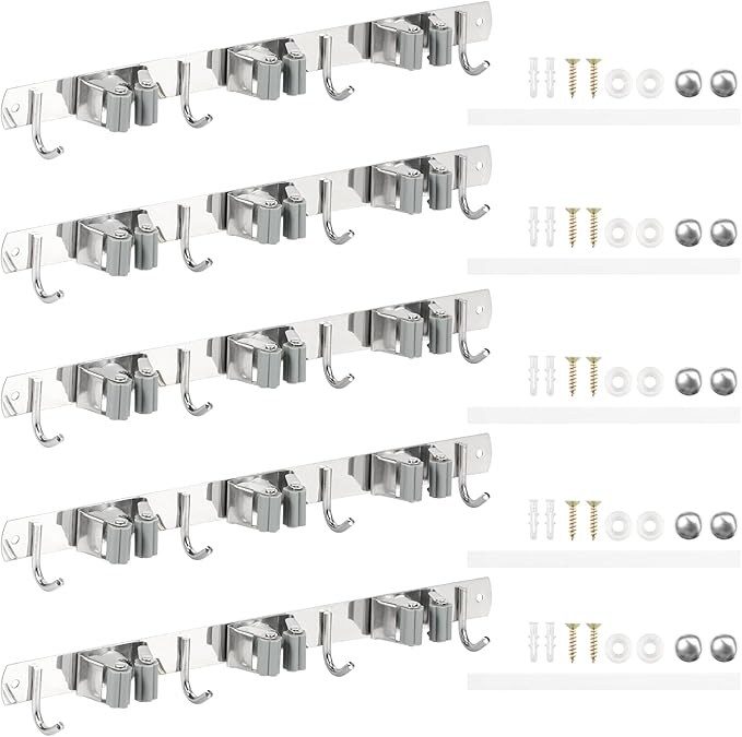5 Pack Broom Holder Wall Mount 3 Racks 4 Hooks Stainless Steel Broom Mop Holder Anti Slip Storage Rack Strong Load Bearing Waterproof Broom and Mop Organizer Wall Hanging for Bathroom Kitchen Garage