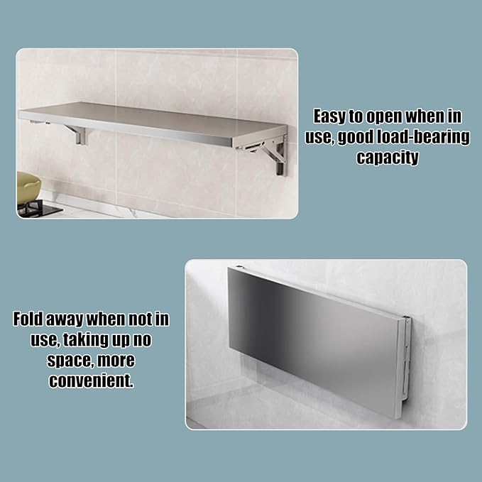 304 stainless steel folding table, wall-mounted folding table, kitchen storage shelf, made of food-grade stainless steel material, suitable for living room, balcony, bathroom, or laundry room.(80*40cm