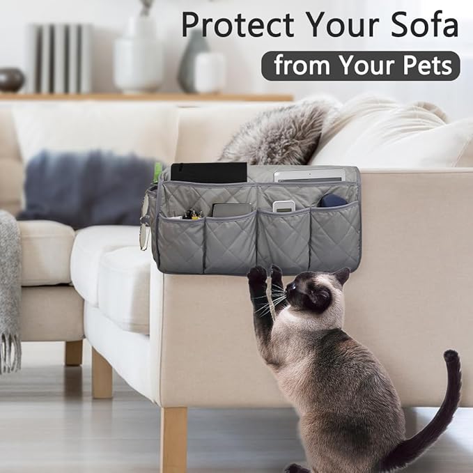 Sofa Armrest Organizer Non-Slip Arm Chair Bedside Caddy Storage Organizer for Recliner Couch with 14 Pockets for Cell Phone TV Remote Control Magazines (Grey)