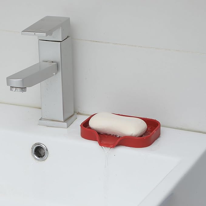 Silicone Bathroom Soap Dishes with Drain Spout-Bathroom and Kitchen Sink Organizer,Sponge Holder,Dish Soap Tray,Perfect for Dispenser,Scrubber,Bottle,Cup on Sink or Counter-Red 4.9"×3.2"