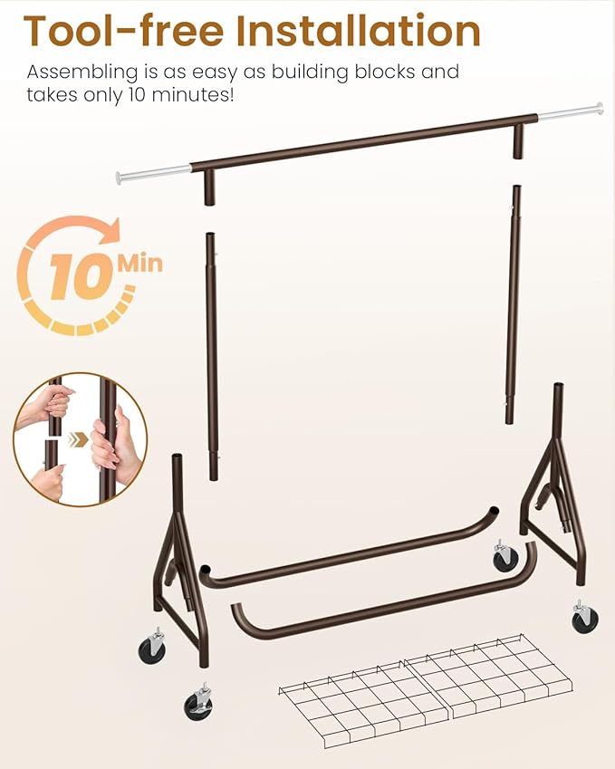 Heavy Duty Clothing Rack, Metal Clothes Rack Load 450 LBS, Rolling Coat Racks for Hanging Clothes with Lockable Wheels, Wardrobe Closet Garment Racks for Bedroom, Brown