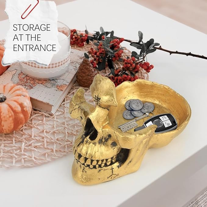 Mrlikale Skull Glasses Stand Holder, Creative Eyeglasses Holder, Sunglasses Spectacle Display Rack, Key Holder Resin Sculptures for Entryway, Home, Office, Desk, Nightstand (Gold)