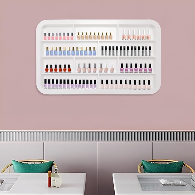 Hanging Nail Polish Display Rack, 4-Tier Wall Mount Nail Polish Organizer with 10 Compartment, Display Stand Shelf for Small Cosmetics (White)