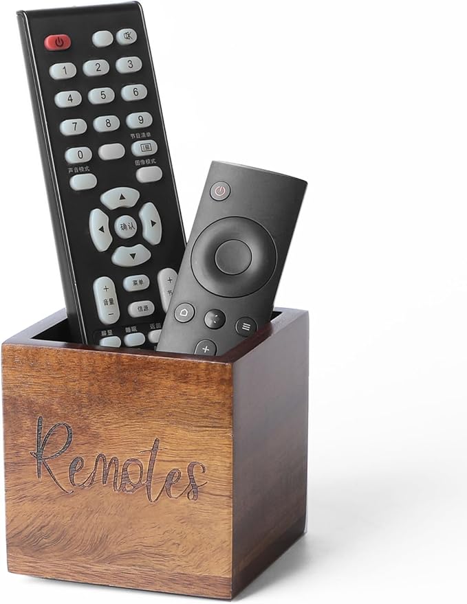 Acacia Wood TV Remote Holder, Caddy and Organizer for Table, Vintage Farmhouse Desk Caddy (Brown for 2 or 3 Remote Controls)