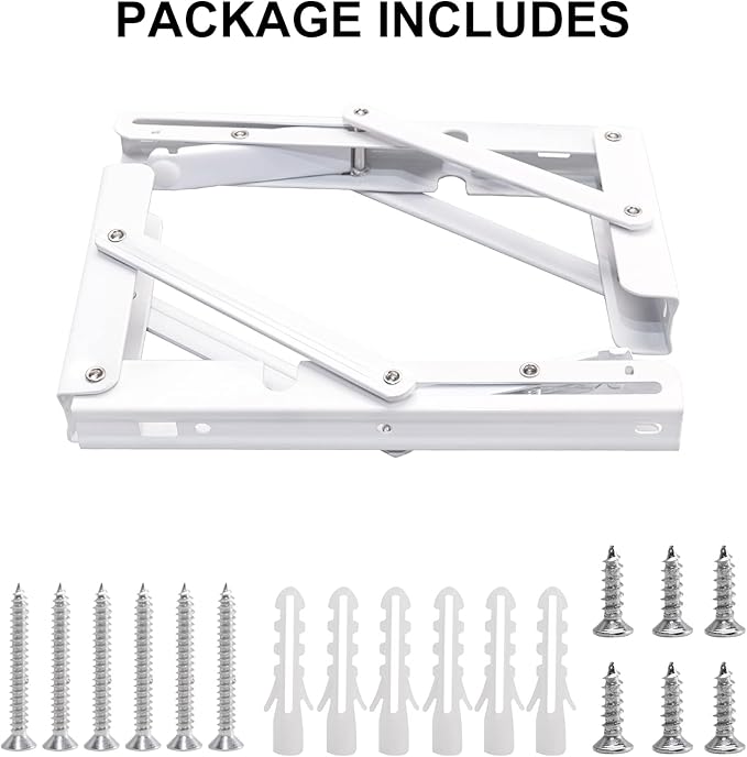 YUMORE Folding Shelf Brackets, 8 Inch Heavy Duty Collapsible Shelf Bracket, DIY L Bracket for Workbench Folding Table Hinge, Max Load: 300lb, White, 2 Pack