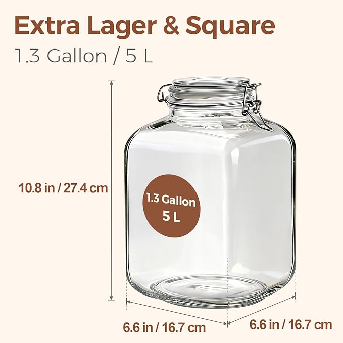 ComSaf Rice Container 5L, Flour Sugar Storage Containers, Glass Jars with Airtight Lid, 1.3 Gallon Mason Jar, Large Storage Containers with Lids for Pickled Egg, Pasta, Cereal, Beans, Set of 2