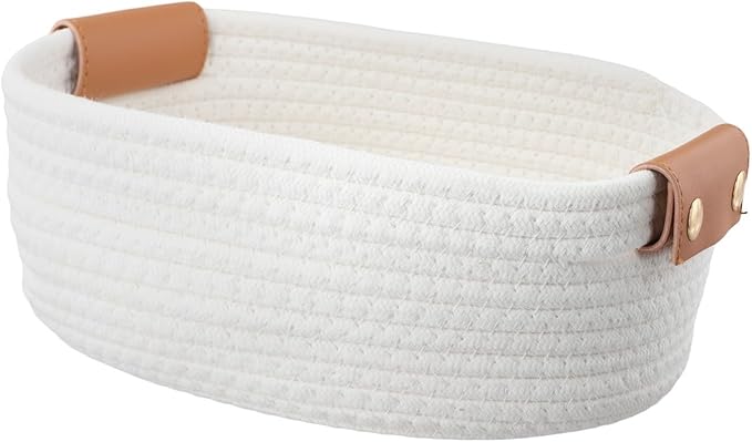 Portable Woven Cotton Rope Storage Bin with Leather Handles Desktop Storage Box Bedroom Storage Container for Toy and Small Items Storage Solution(White S)