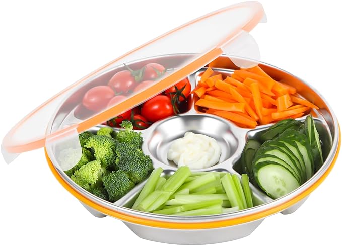 6-Compartment Stainless Steel Serving Tray with Lid - 10-inch Divided Snack/Vegetable/Fruit Tray for Christmas Parties, Snackle Box & Platter Container