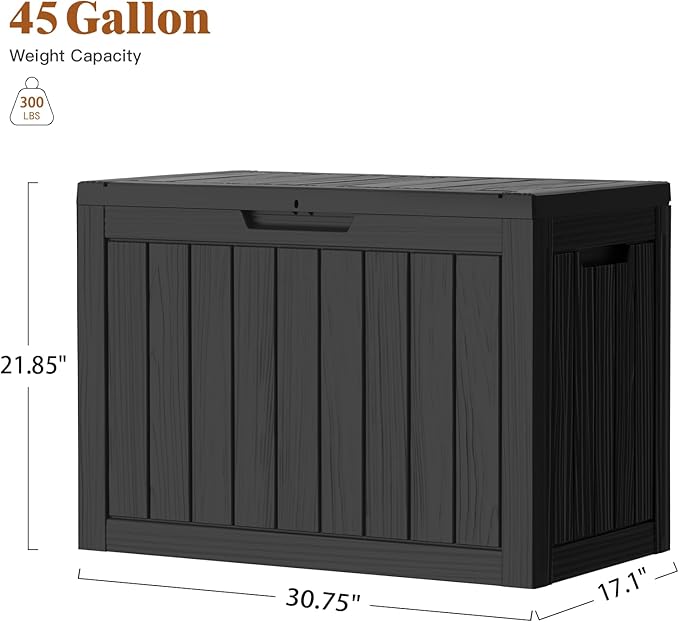 Outdoor Storage Box - Lockable Waterproof UV-Resistant Resin Deck Box for Patio Cushions, Garden Tools, Pool Accessories, Black/Grey, 45/180 Gallon (Black, 45 Gallon)