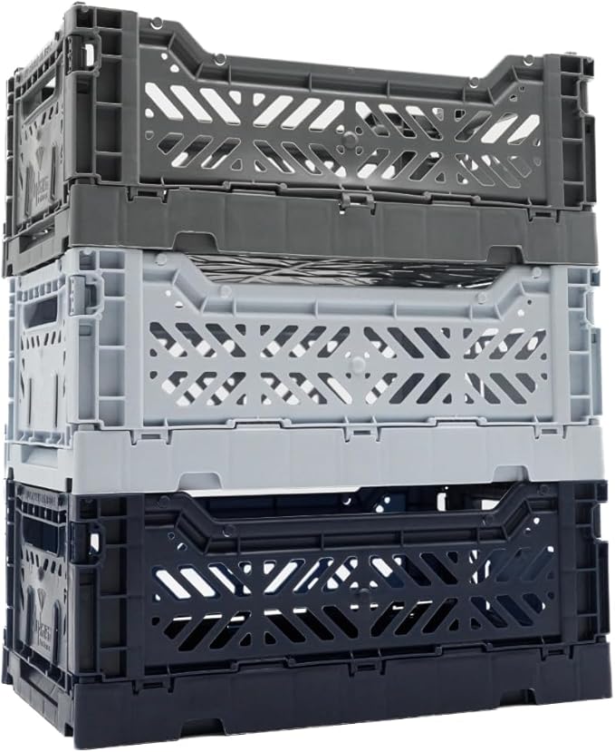 Collapsible Storage Box, Foldable Crate Organizer Bin with Handle, Stackable Crates for Home Organization (Navy-Gray-LightBlue, 4L - 3-Pack)