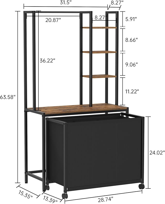 Laundry Hamper with 3 Section Rolling Bags and Shelf, 4 Tiers Tall Laundry Basket Sorter for Organization and Storage, Clothes Rack with Laundry Sorter for Laundry Room Bathroom Bedroom, Rustic Brown