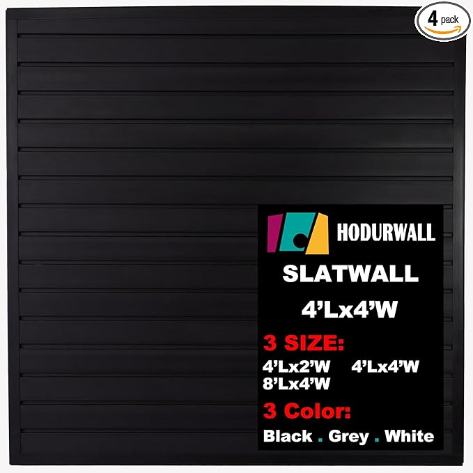 Slatwall Panels 4'x 4' Garage Slat Wall Storage Systems, Slat Wall Paneling Garage Wall Organizer, Black Slat Board PVC Wall Panels Slatwall Displays Garage Tool Organizer Wall Mount Ladder Bike Rack
