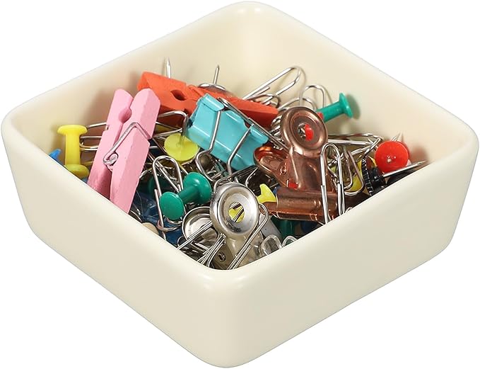 PATIKIL Square Paper Clip Holders, Ceramic Bowl Dish Clip Dispenser Organizer Desk Organizer Accessories for Office Desktop Decor Bobby Pin Binder Paper Clamp, Beige