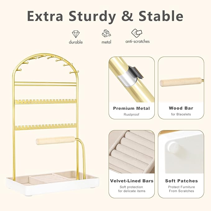 Multi-Functional Jewelry Holder Organizer Necklace Display Stand Velvet Lined Bar for Rings 2 Tier with 18 Hooks, 32 Earring Holes - Sturdy and Durable, Easy Organization White & Gold