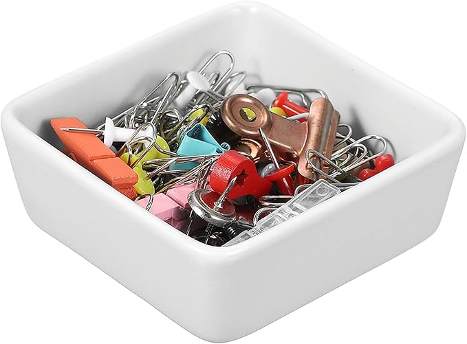 PATIKIL Square Paper Clip Holders, Ceramic Bowl Dish Clip Dispenser Organizer Desk Organizer Accessories for Office Desktop Decor Bobby Pin Binder Paper Clamp, White
