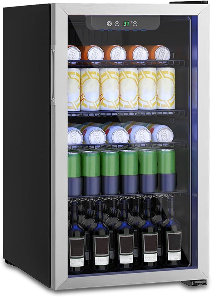 Compact 126 Can/3.2 Cu.Ft Mini Fridge For Soda, Beer Or Wine, Portable Small Beverage Refrigerator With Digital Display&Removable Shelves &Reversible Glass Front Door For Office, Dorm, Bar