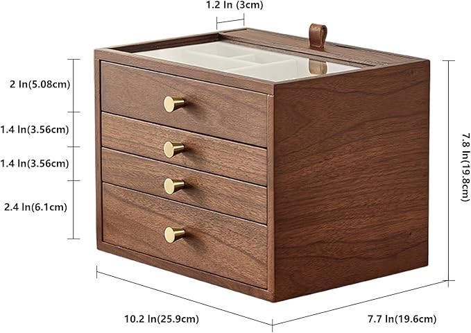 Black Walnut Wooden Jewelry Box for Women 4 Layer with Glass Lid and Pull-out Necklace Storage Layer Watch Necklace Ring Earring Storage,Christmas Gifts