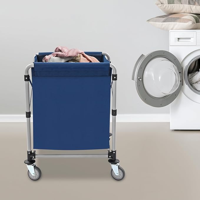 Commercial Laundry Cart with Wheels,Folding Laundry Hamper Cart,Heavy Duty Rolling Laundry Basket with Large Capacity,Laundry Sorter Trolley for Home Hotel Apartment (Blue, 23.62 * 19.69 * 23.62in)