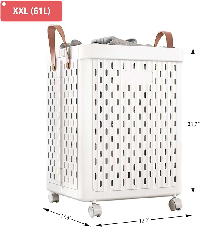 UAK Laundry Basket with Wheels, Collapsible Plastic Laundry Hamper with Handle, Foldable Laundry Basket Organizer for Laundry and Bathroom (‌Pure white, XXL)