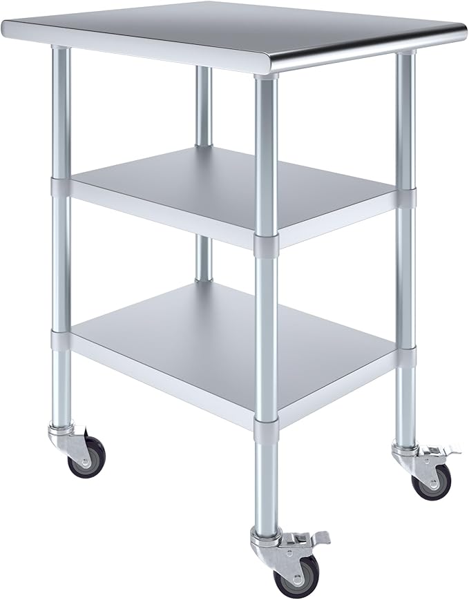 AmGood Stainless Steel Work Table with 2 Shelves and Casters (Stainless Steel Work Table with 2 Shelves + Casters, 24" Long x 30" Deep)