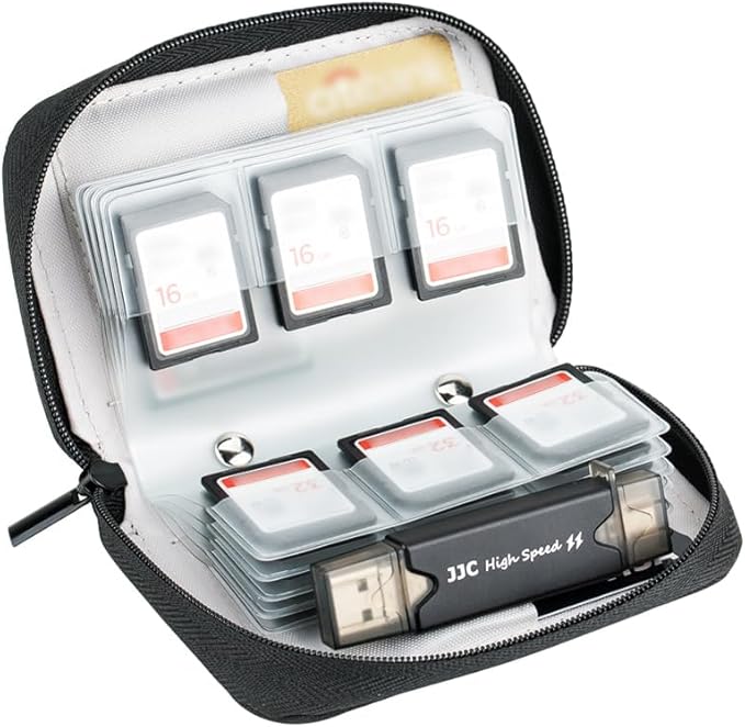 AWS Memory Card Case Holder: 28 Slots for 24 SD SDXC SDHC + 4 CF XQD - Portable Organizer with Labels - Grey