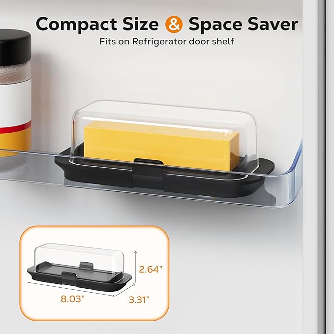 Butter Dish with Lid for Countertop and Refrigerator Door Shelf, Airtight Butter Keeper Container, Locking Butter Holder for East/West Coast Butter, BPA-free, Microwave/Dishwasher Safe